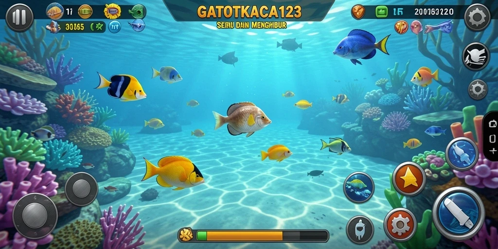 Tampilan gameplay GATOTKACA123 dengan berbagai ikan untuk dibidik.