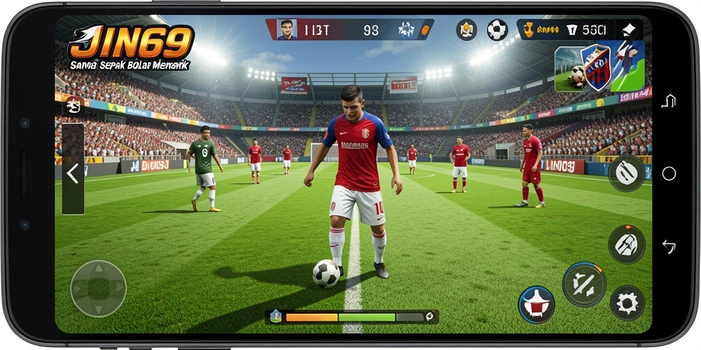 Tampilan gameplay JIN69 dengan aksi seru di lapangan sepak bola.