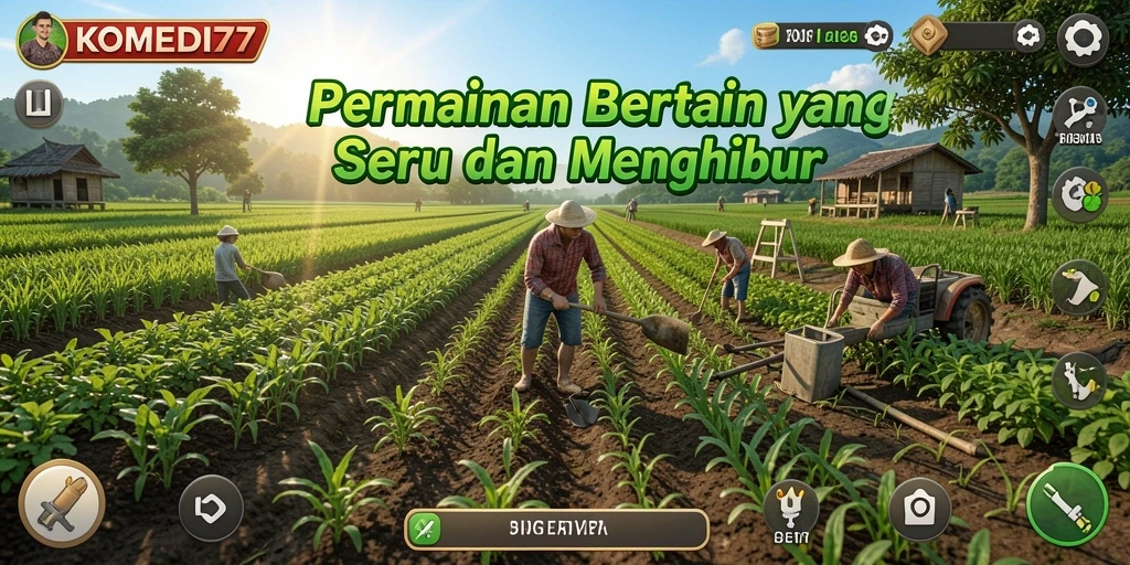 Screenshot gameplay KOMEDI77 menampilkan pertanian yang ceria dan karakter lucu.