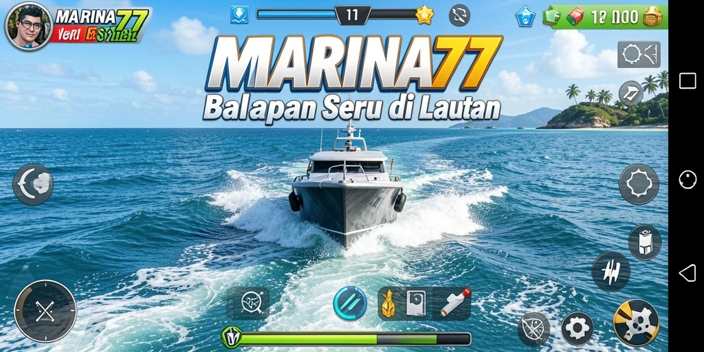 Screenshot gameplay MARINA77 dengan kapal balap di lautan.