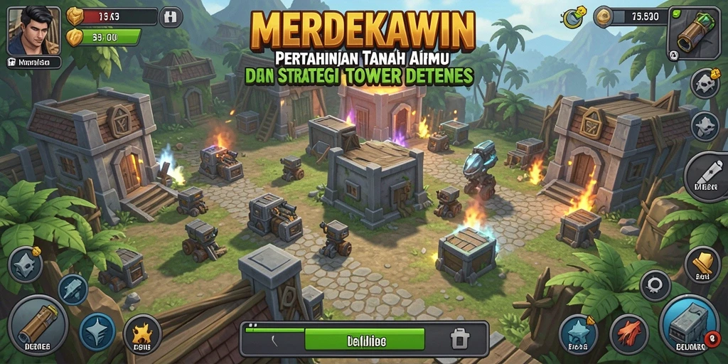 Tangkapan layar gameplay MERDEKAWIN yang menunjukkan aksi Tower Defense.
