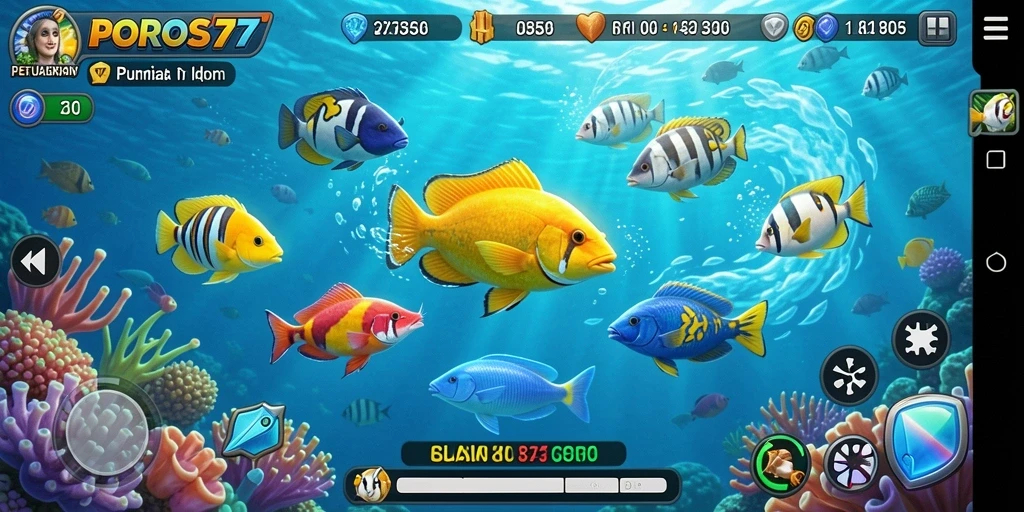 Tampilan gameplay penuh aksi dari POROS77 dengan banyak ikan.