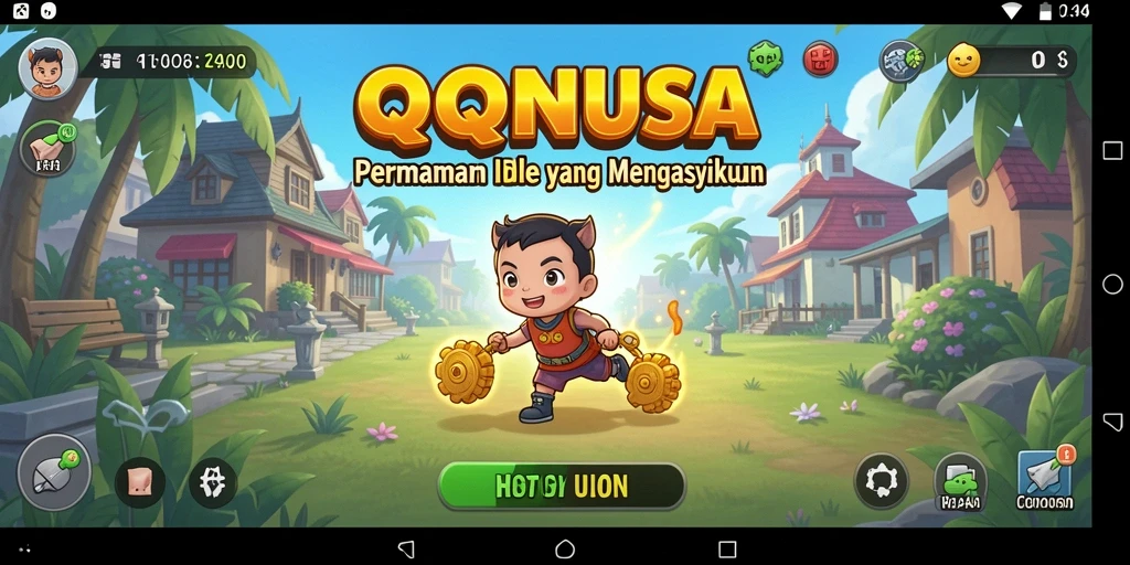 Tangkapan layar utama QQNUSA yang menunjukkan karakter dan gameplay Idle.