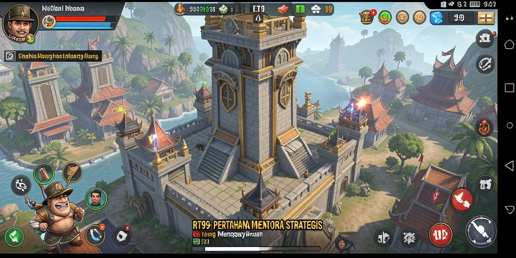 Screenshot gameplay RT99 dengan menara dan musuh yang menarik.