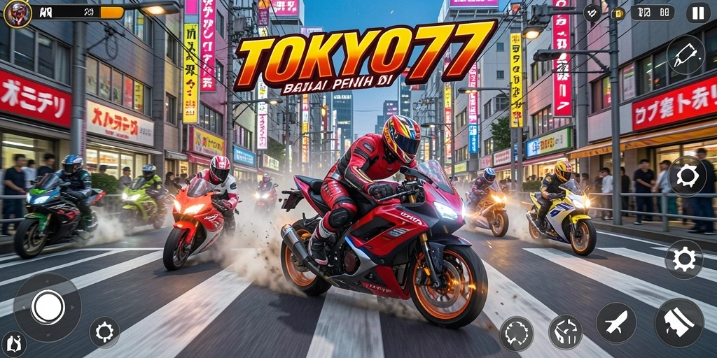 Gameplay balap motor yang seru dan penuh warna di TOKYO77.
