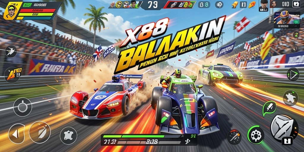 Screenshot gameplay X88 menampilkan aksi balapan yang mendebarkan.